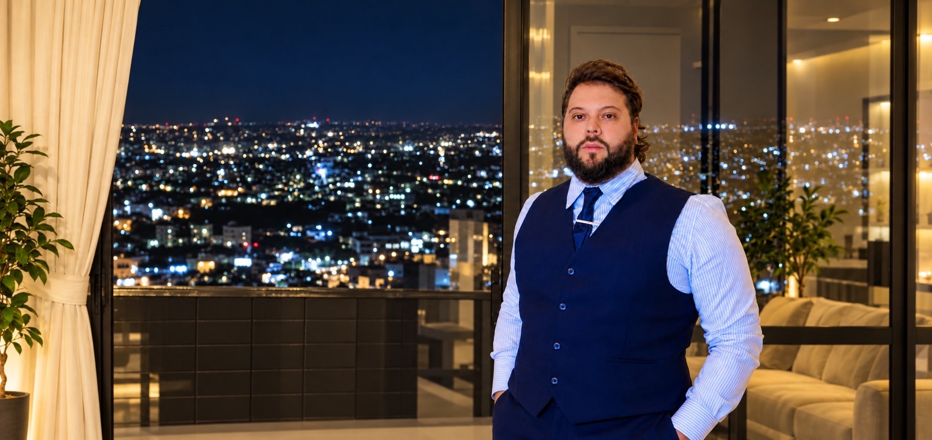 Advogado do escritório Lituan Sanssara em pé no escritório, com vista noturna da cidade ao fundo